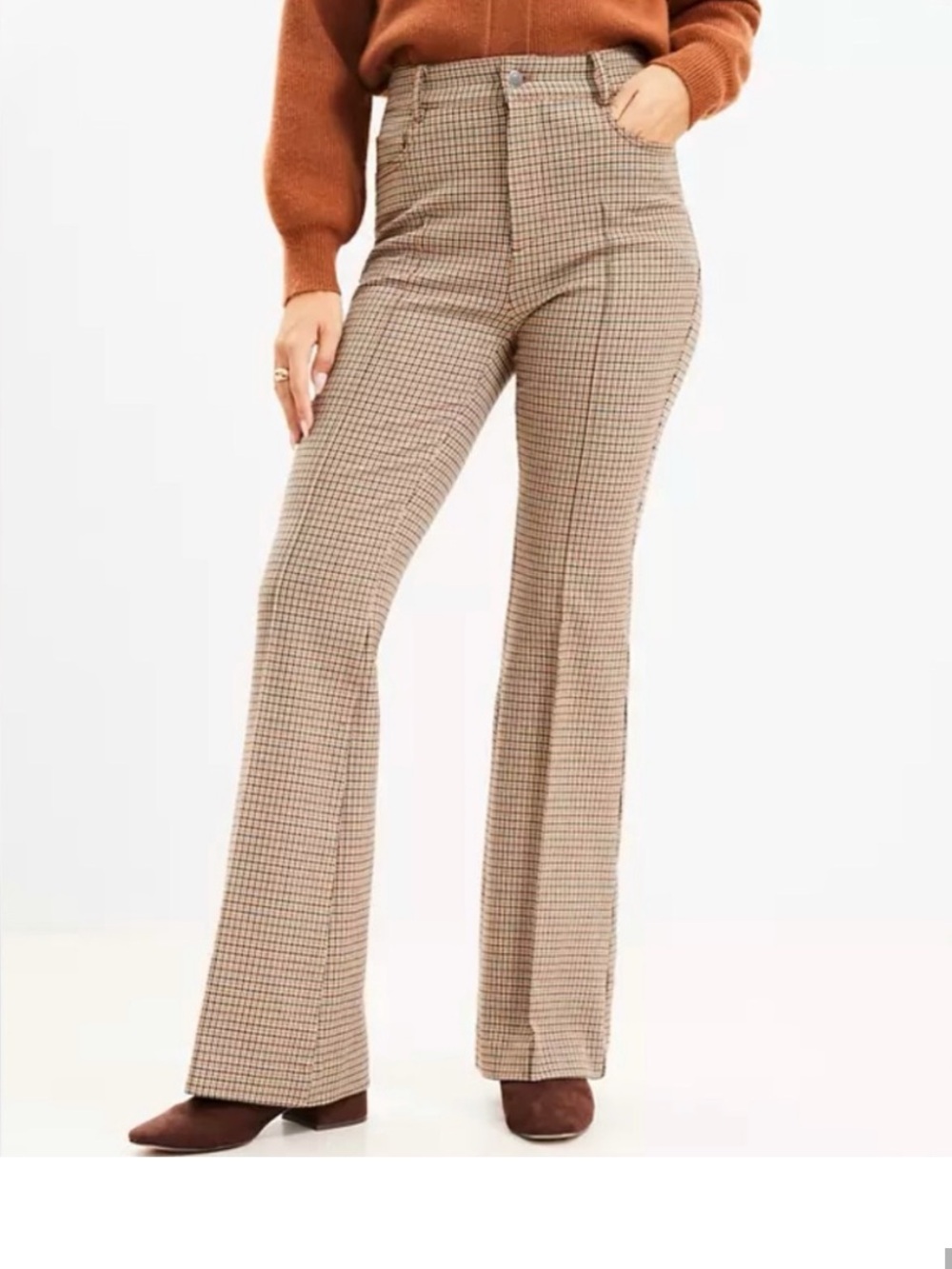 Loft Five Pocket Flare Pants in Plaid Bi-Stretch Black Tan Academia NWT